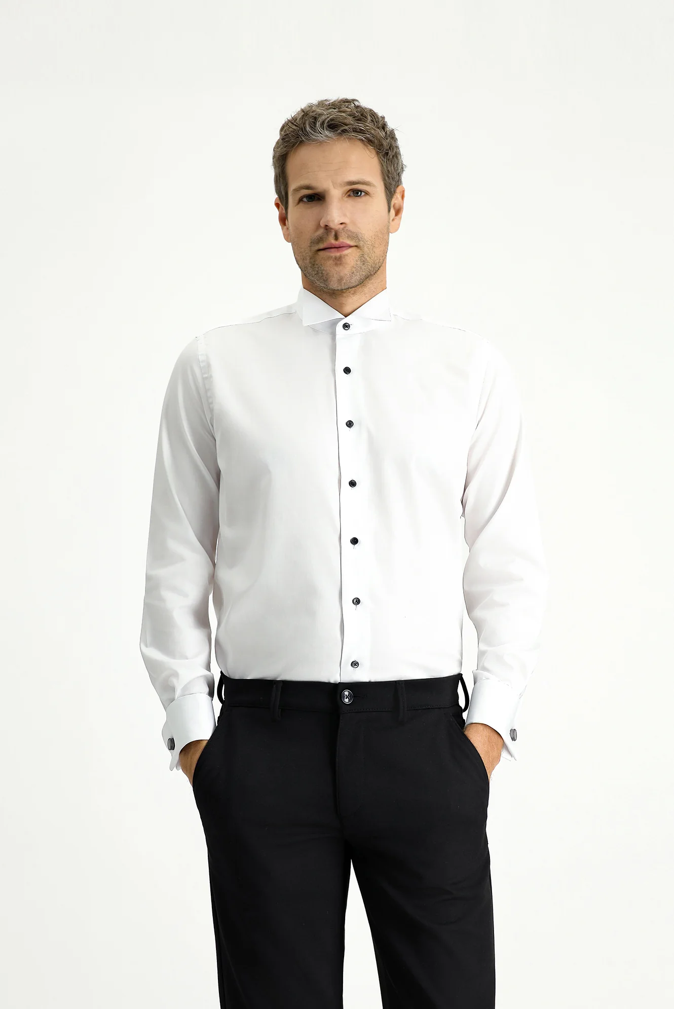 Beyaz Ata Yaka Slim Fit Dar Kesim Pamuklu Kolay Ütülenebilir Gömlek - Image 3