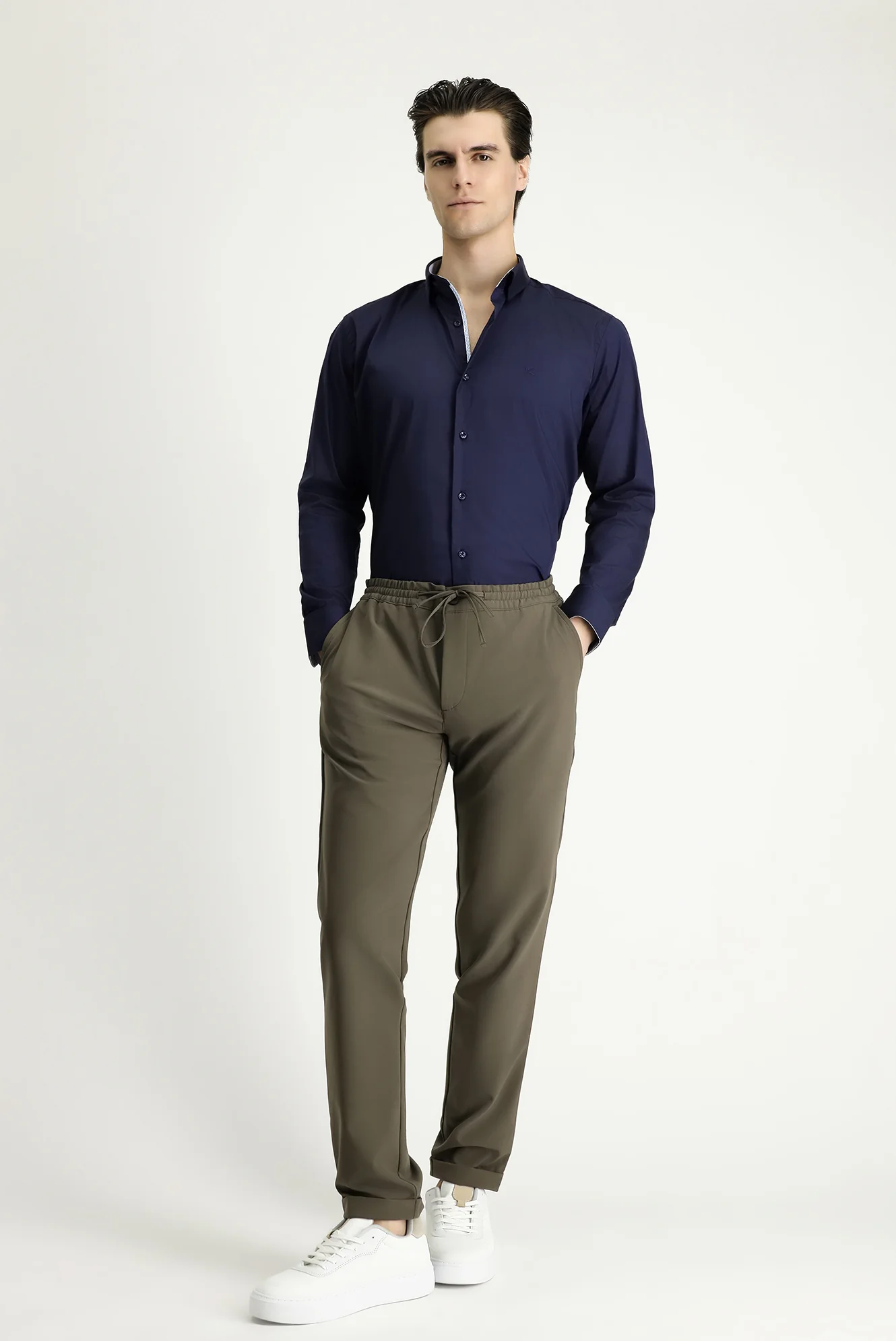 Koyu Haki Techno-Line 7 Drop Slim Fit Dar Kesim Beli Lastikli İpli Likralı Klasik Kumaş Pantolon - Image 3