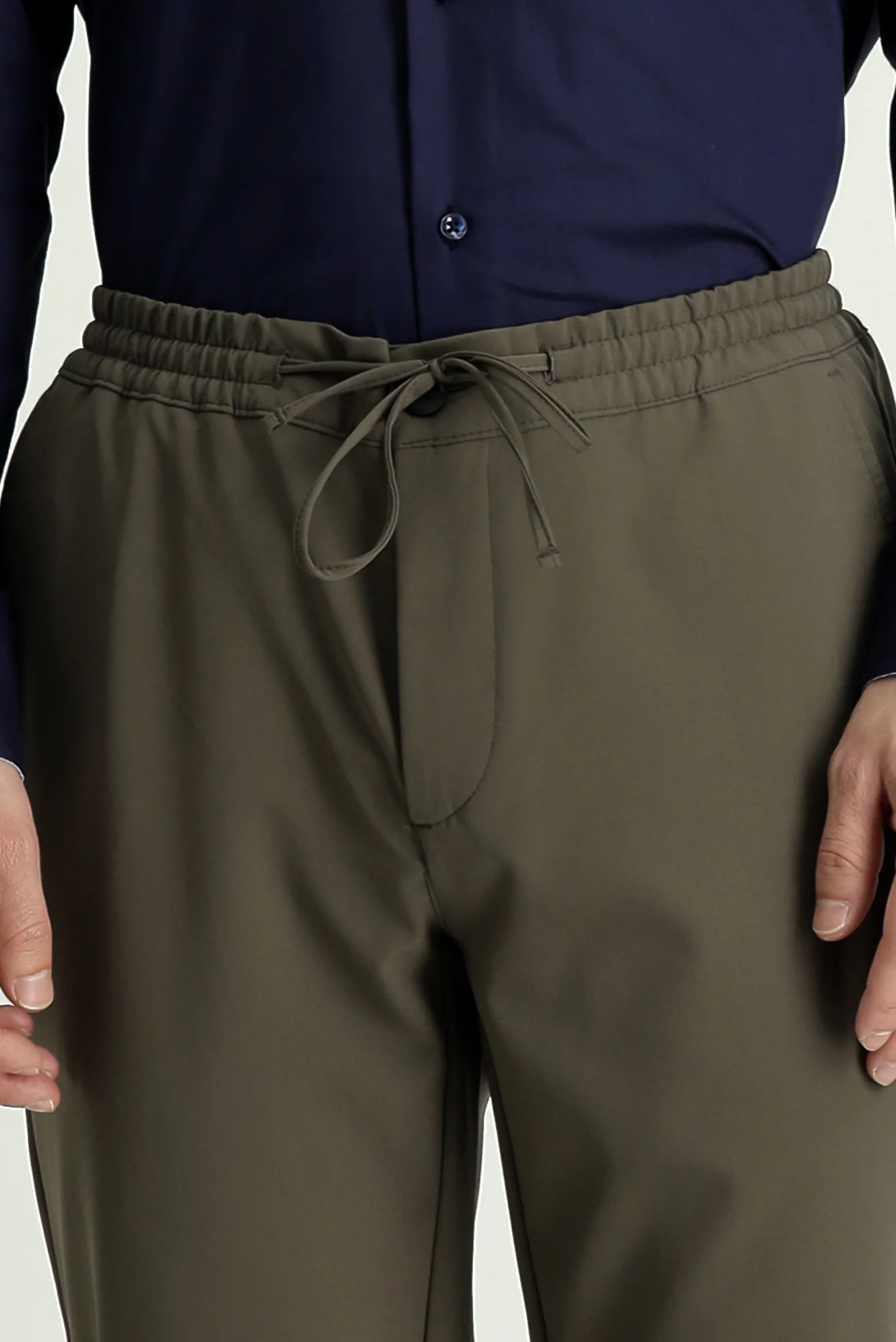 Koyu Haki Techno-Line 7 Drop Slim Fit Dar Kesim Beli Lastikli İpli Likralı Klasik Kumaş Pantolon - Image 4