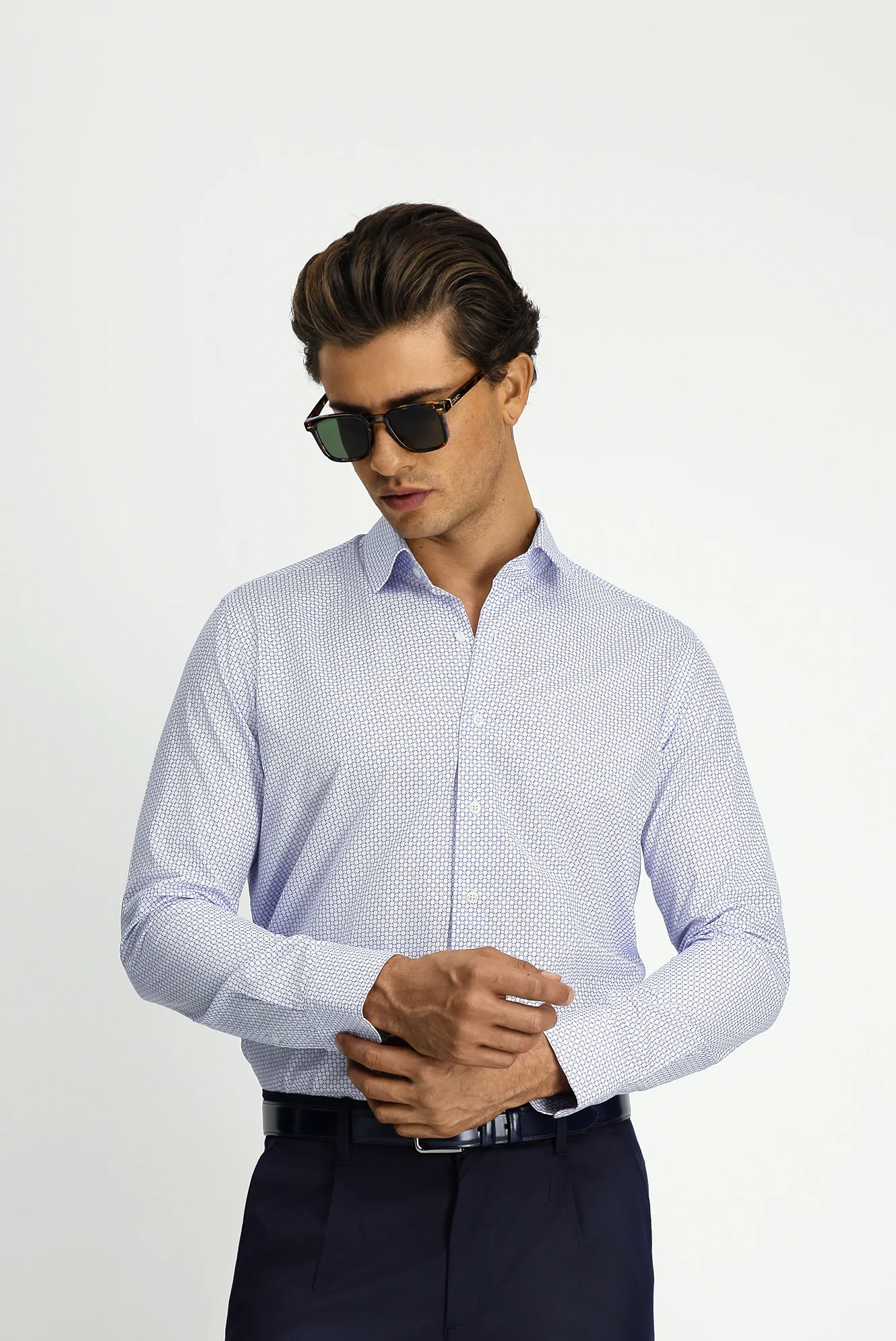 Koyu Mavi  Uzun Kol Slim Fit Dar Kesim Baskılı Pamuk Gömlek - Image 3