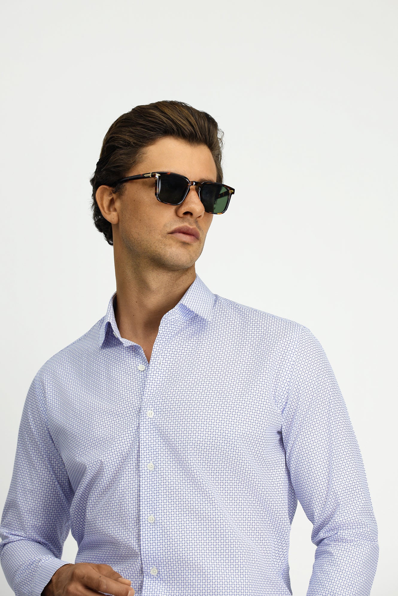 Koyu Mavi  Uzun Kol Slim Fit Dar Kesim Baskılı Pamuk Gömlek - Image 4