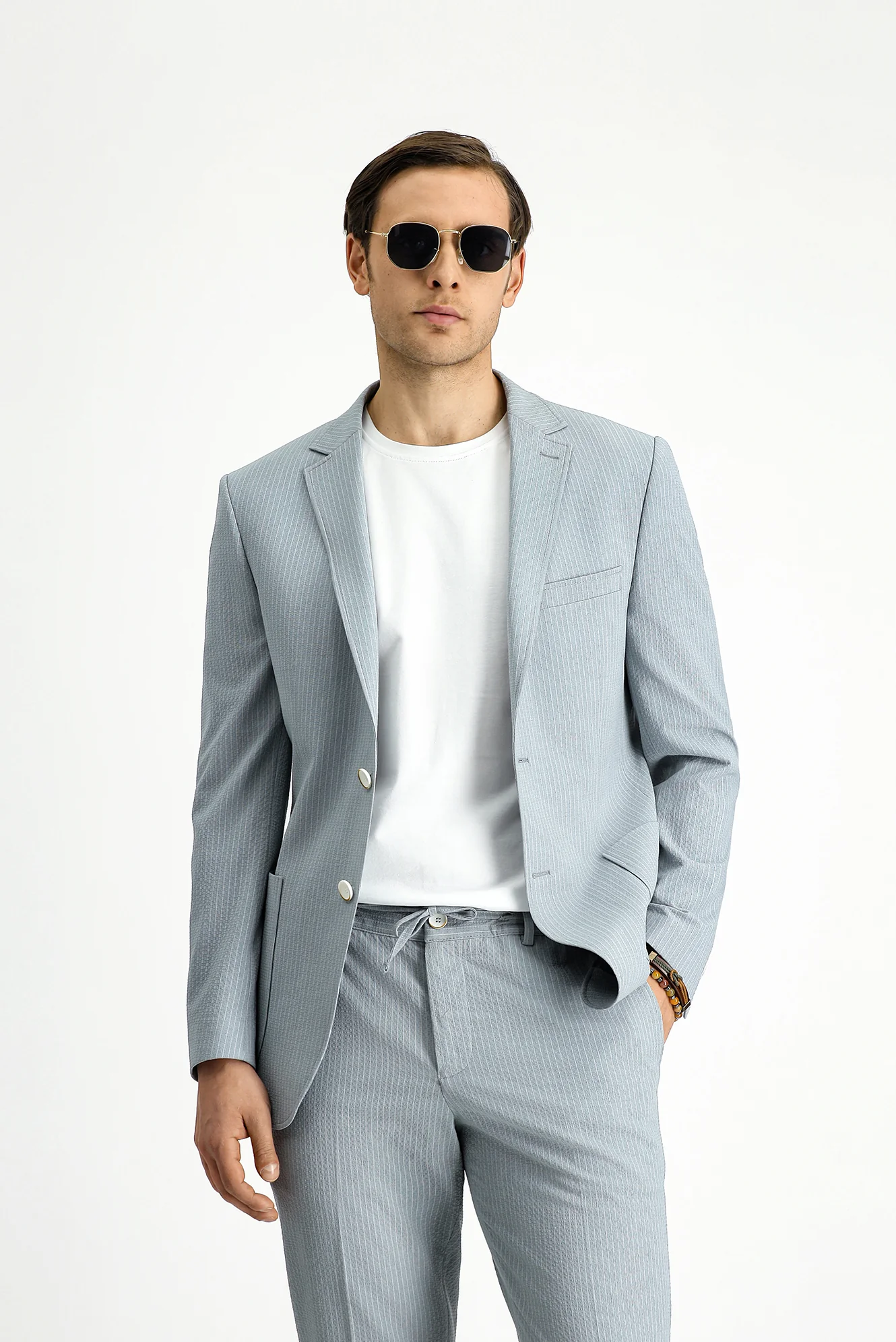Orta Gri 7 Drop Super Slim Fit Eksra Dar Kesim Çizgili Beli Lastikli İpli Gofre Takım Elbise - Image 3