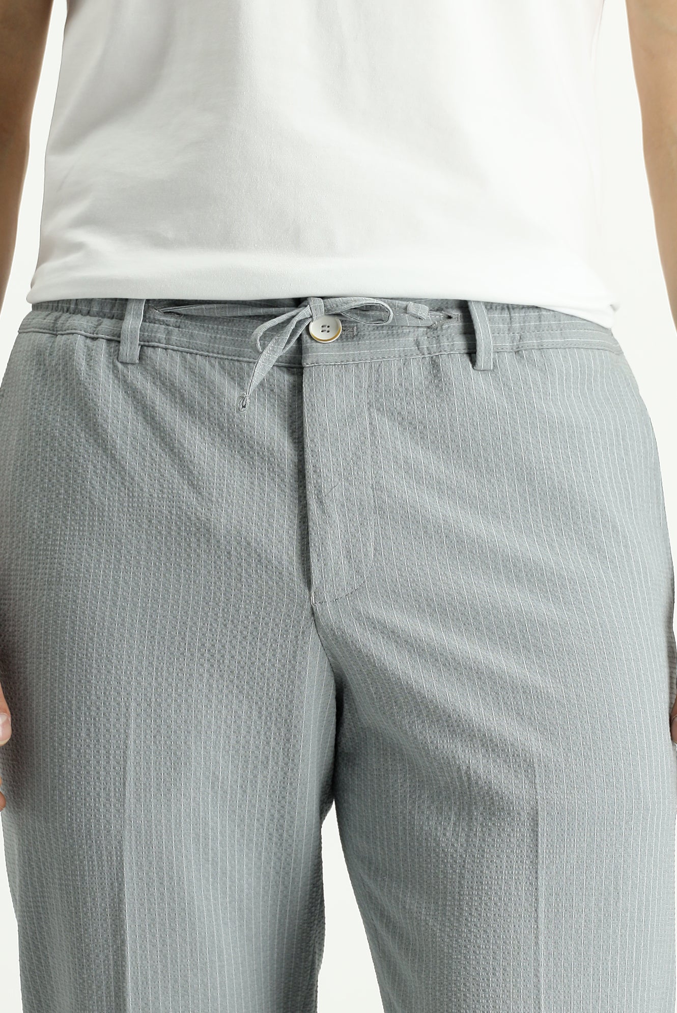 Orta Gri 7 Drop Super Slim Fit Eksra Dar Kesim Çizgili Beli Lastikli İpli Gofre Takım Elbise - Image 6